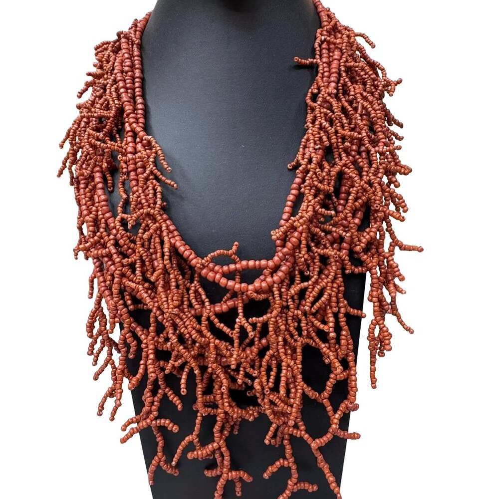 Vintage Heavy Seed Bead Handcrafted Beaded Coral Color Red Statement Necklace